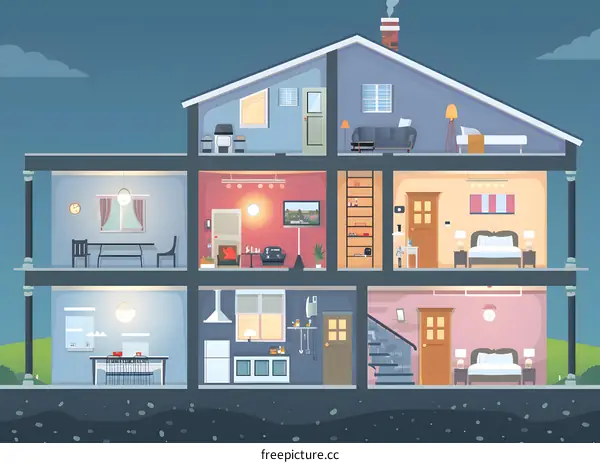 Cross Section of a House with Furniture and Rooms Illustration
