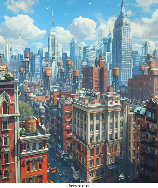 A crowded city street with many tall buildings