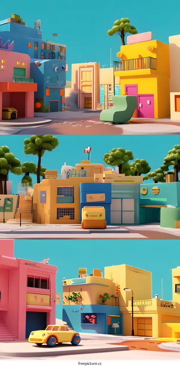 Cartoon Style 3D Rendered Illustration of a Colorful Town