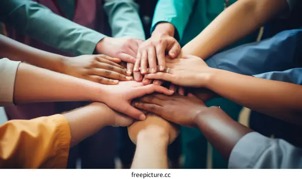 Multiracial group of doctors and nurses joining hands together