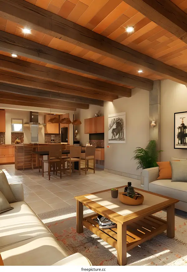 Modern Home Interior Design with Wooden Beams