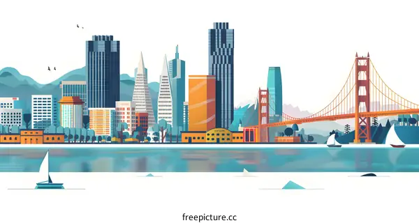 San Francisco City Skyline with Golden Gate Bridge Illustration