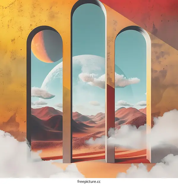 Abstract Surreal Landscape With Arches and Planets