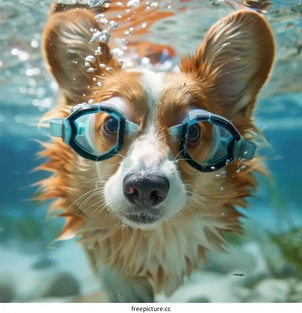 A cute dog wearing swimming goggles swims underwater