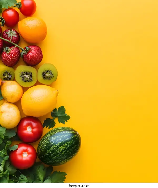 Fresh Fruits and Vegetables on Yellow Background