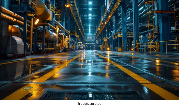 The interior of a modern industrial building with blue and yellow lights