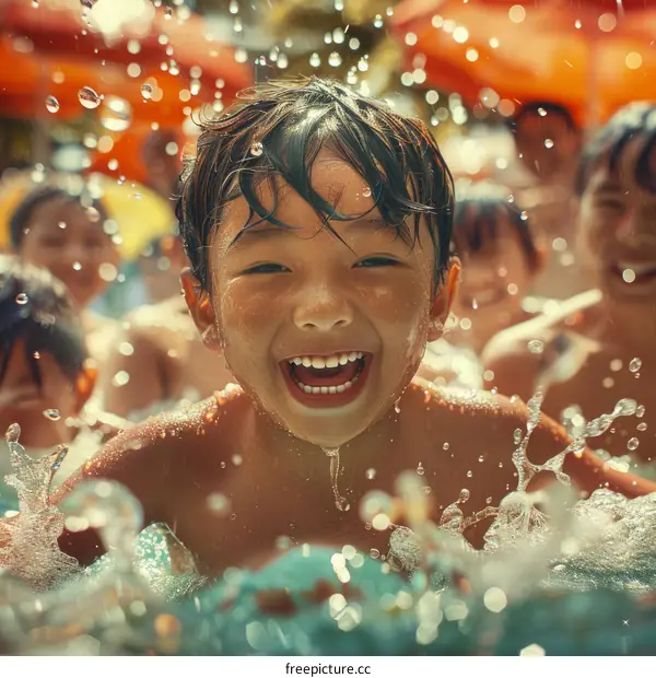A boy is playing in the water park