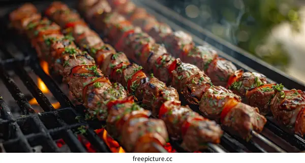 Grilled Beef and Vegetable Skewers on Open Fire
