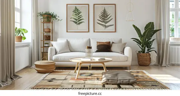 Cozy Living Room with Sofa and Green Plants