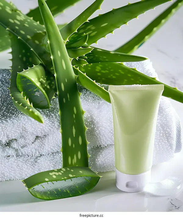 Aloe Vera Plant and Cream Tube on White Towel