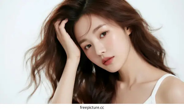 Portrait of Young Asian Woman with Long Brown Hair and Natural Makeup