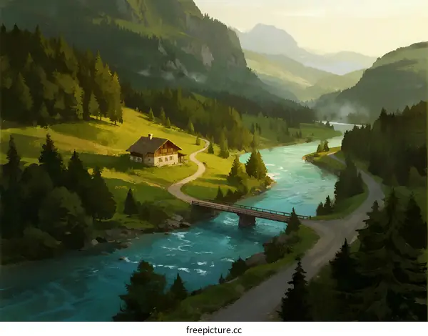 Picturesque Mountain Valley with River and Small Cottage
