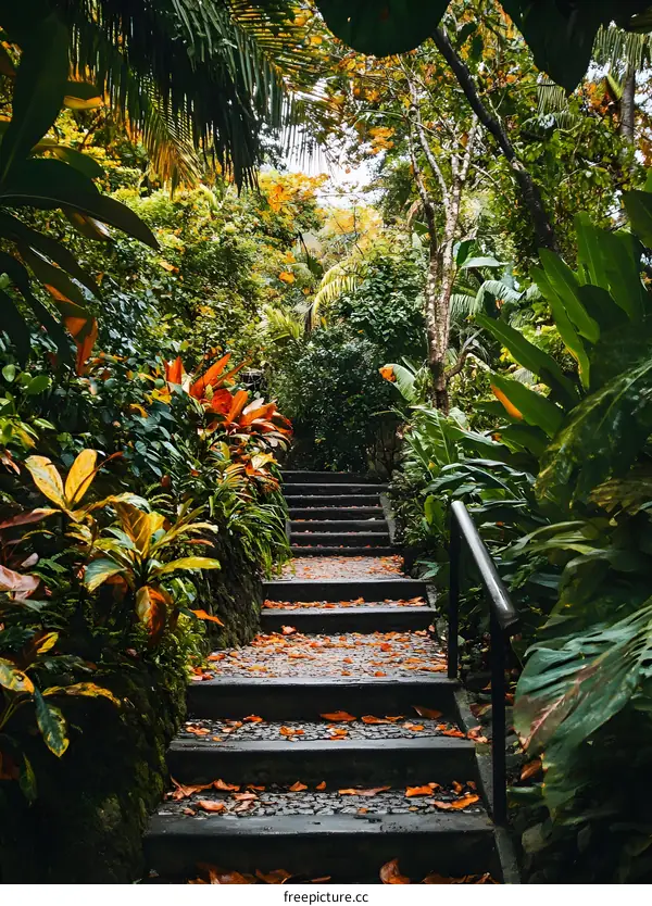 Stone Steps Leading Up Through Lush Tropical Foliage