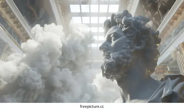 Classical Bust of a Man in a Palace Setting with Smoke and Light
