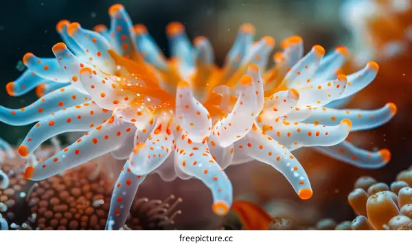 Underwater Closeup of Orange and White Speckled Sea Anemone