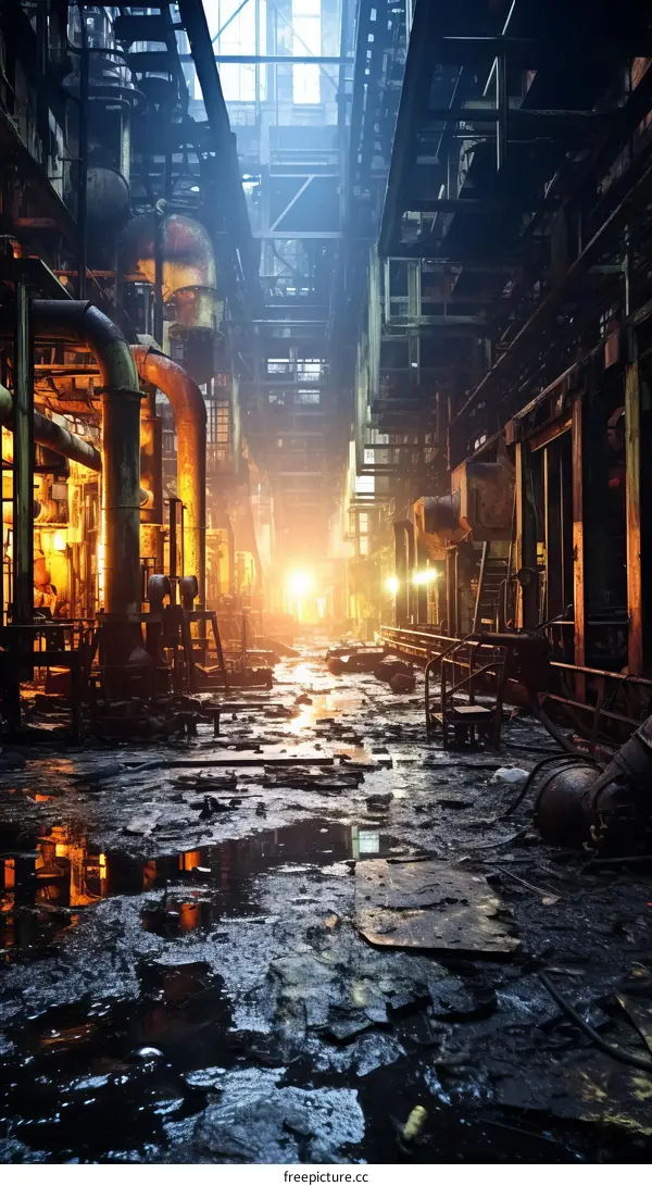 An abandoned factory building with broken windows and rusty pipes