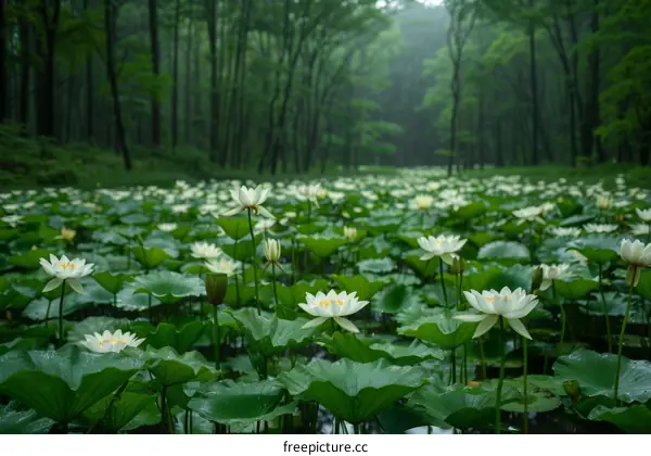 White Water Lilies in a Lush Forest Pond