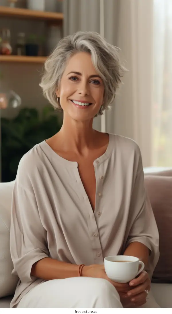 Elegant gray-haired woman sitting on couch holding cup of tea