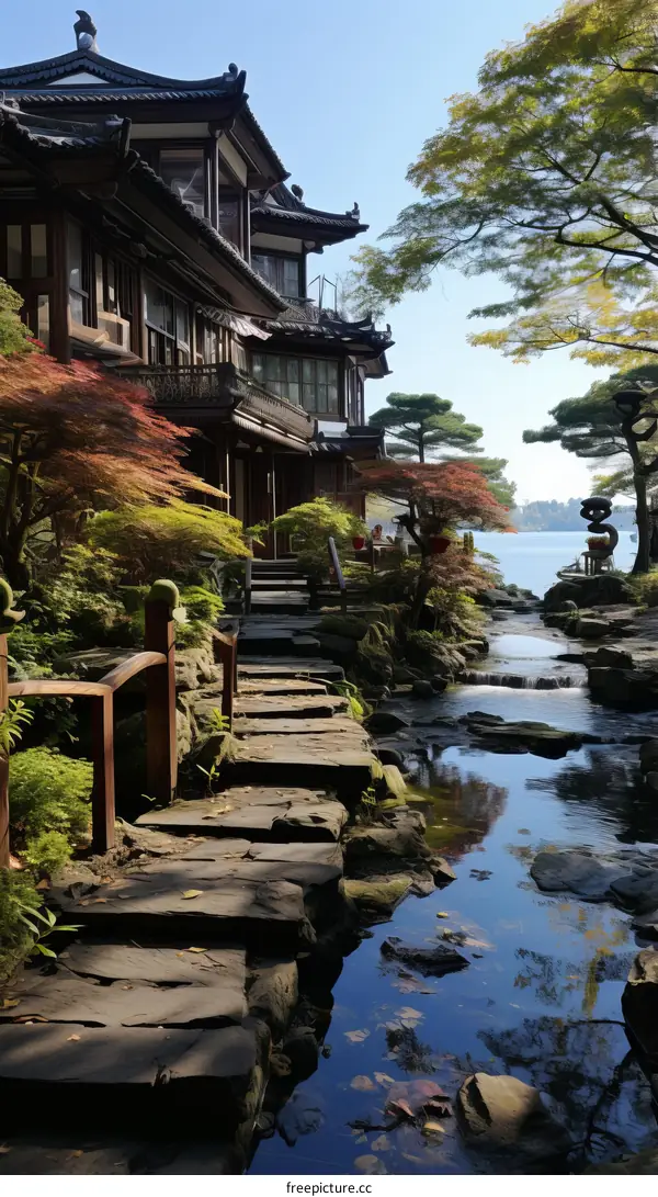 Japanese Garden with Traditional House and Koi Pond
