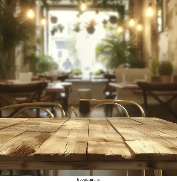 Rustic wooden table in a restaurant with a blurred background