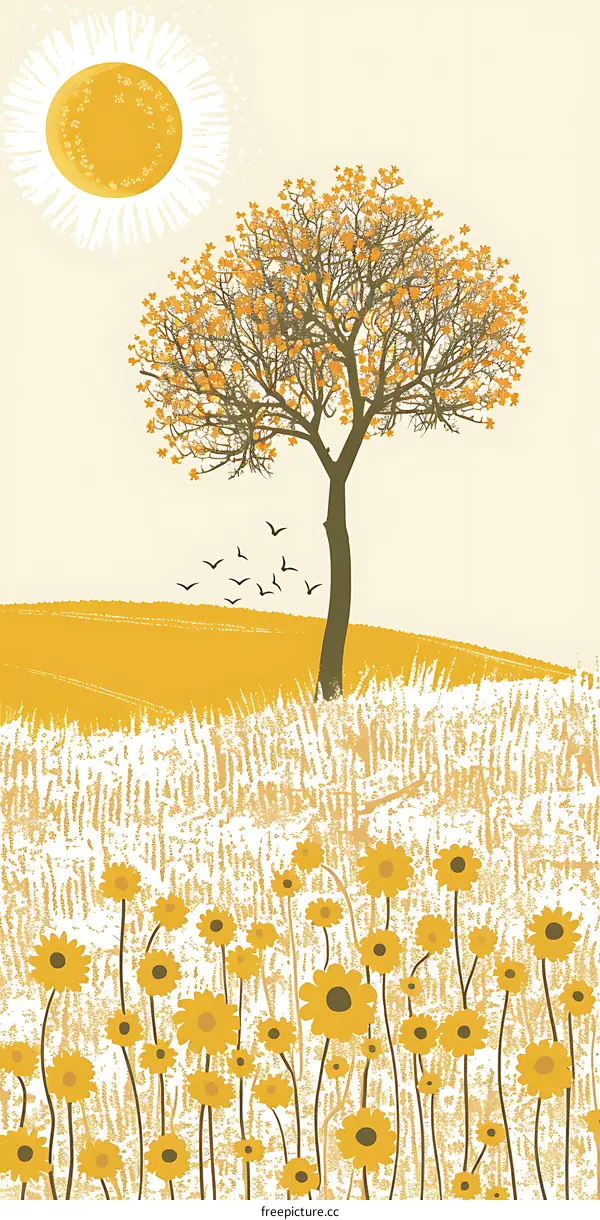 Autumn Field With Tree and Sun