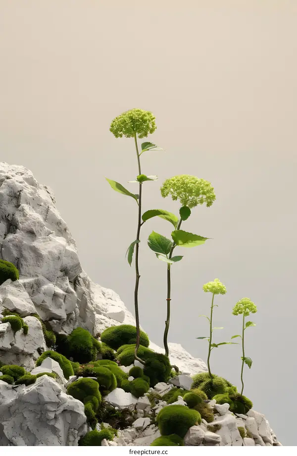 Minimalist Nature Photography with Green Plants Growing on White Rocks