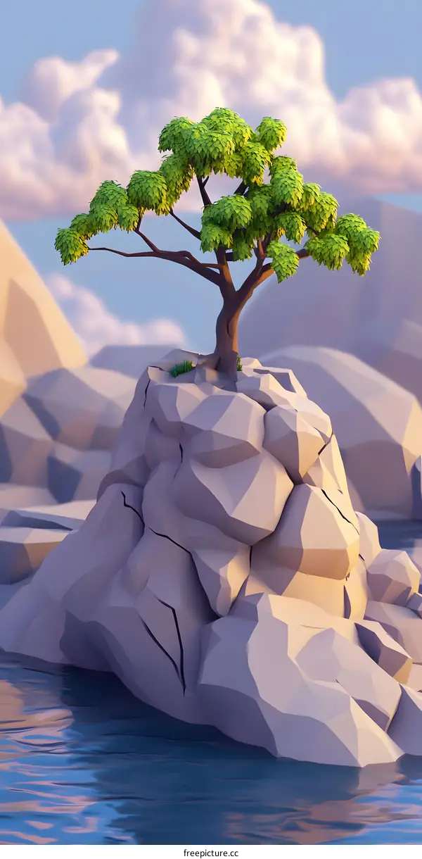 Low Poly Tree on a Rock in Water