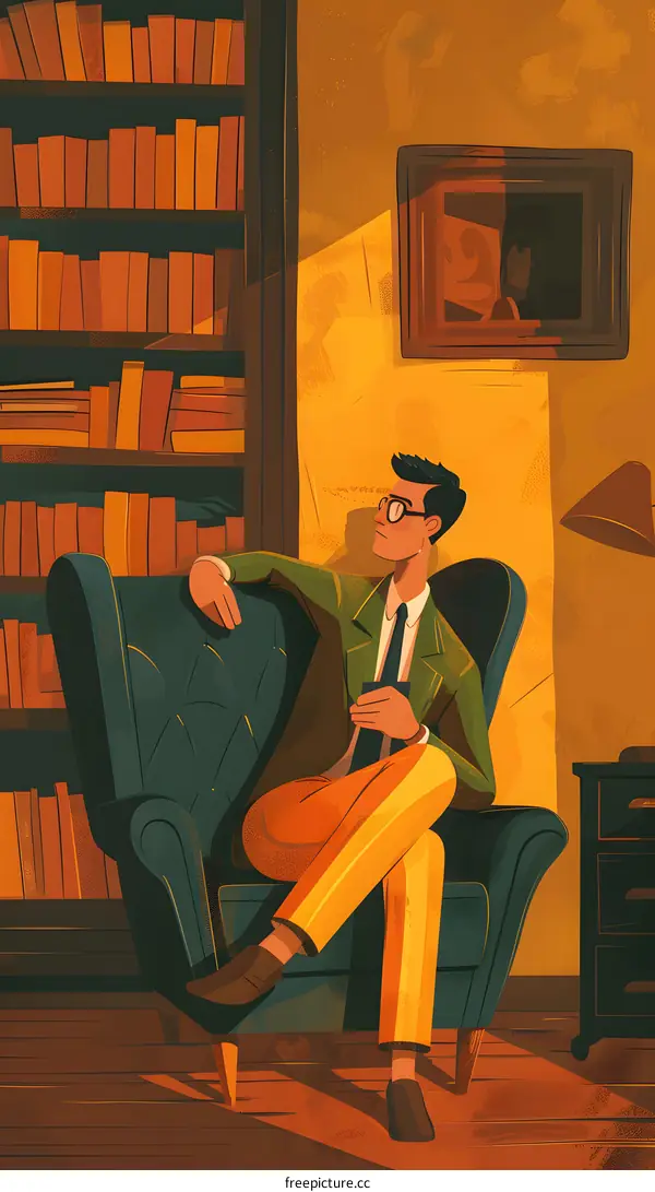 Man Sitting in Armchair with Bookshelf in Background