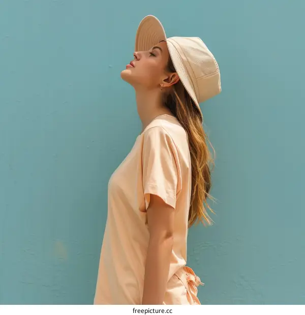 Woman in Pale Peach T-Shirt and Hat Outdoors