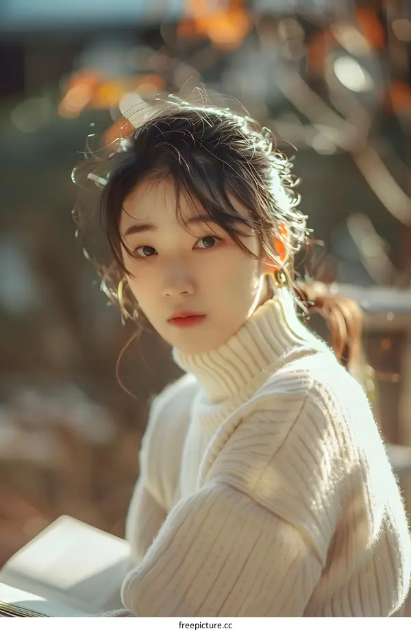 Young Asian Woman Sitting Outdoors With Book