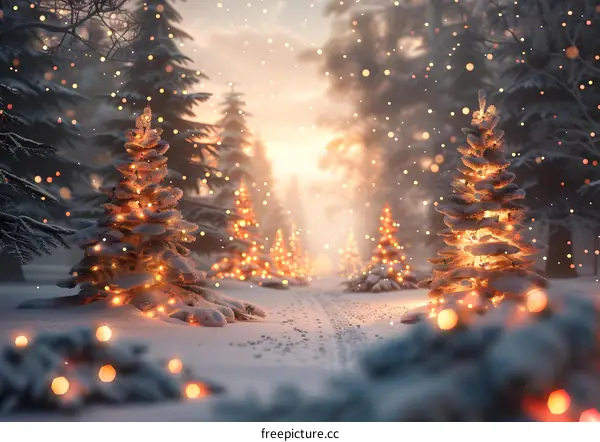 Christmas trees in a snowy forest