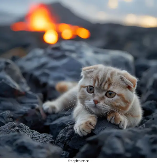 Cat in front of a volcanic eruption