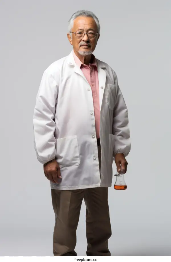 Asian scientist holding a flask of chemicals