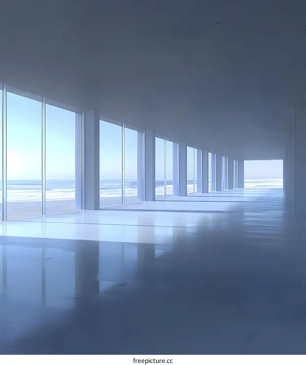 Empty Hallway With Windows Overlooking the Ocean