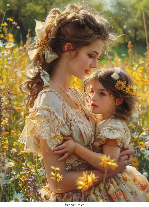 Mother and daughter in a field of flowers
