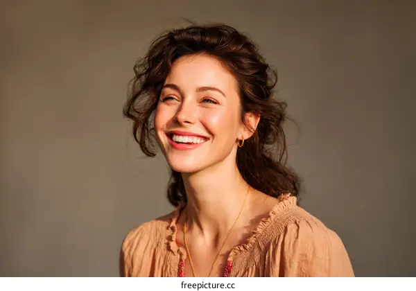 A young woman with curly hair and a warm smile against gray background