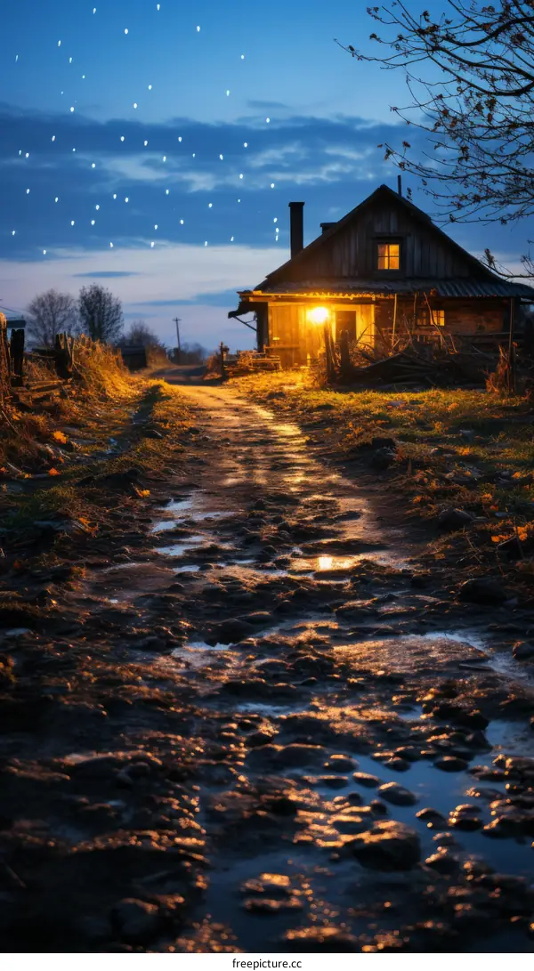 Country road at night with a house in the distance