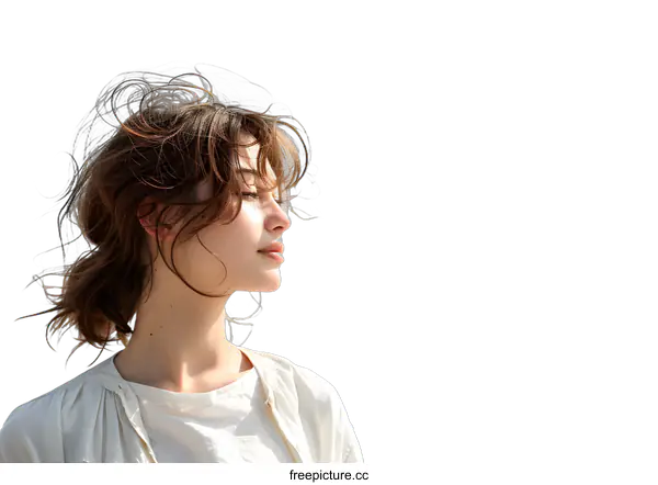 [Transparent Background PNG]Woman with windblown hair looking to the side