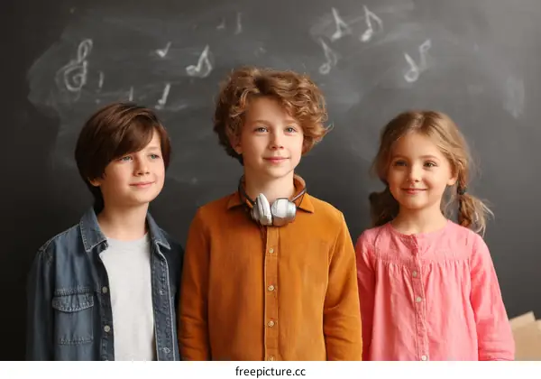 Three Children in front of a Chalkboard with Music Notes