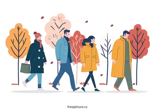 Autumn Walk in the Park with Four People