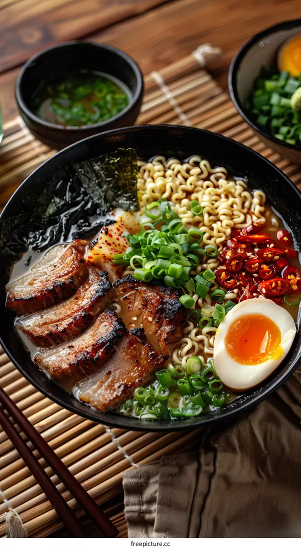 Delicious Ramen Bowl with Pork, Egg, and Vegetables