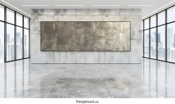 Modern Concrete Room with Large Canvas Artwork and City View