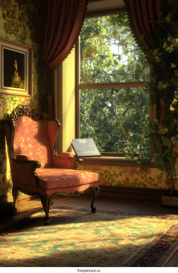 Vintage Room with Armchair and Floral Wallpaper