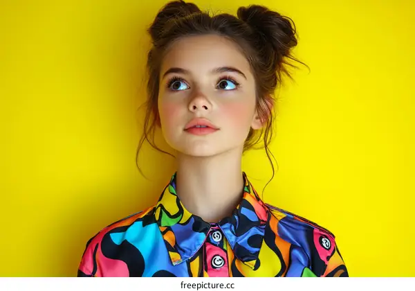 Stylish Teen Girl in Vibrant Colorful Shirt against Yellow Background