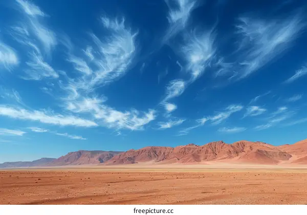 A vast desert landscape with mountains in the distance and a blue sky with wispy white clouds