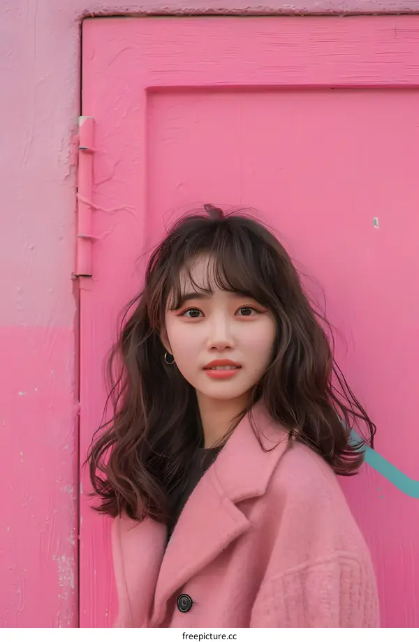 Asian Woman in Pink Coat with Pink Wall in Background