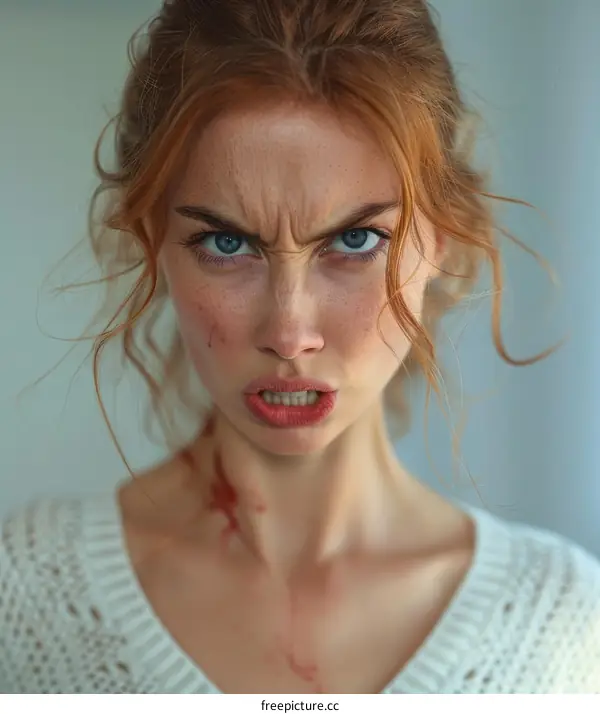 Portrait of an angry young woman with red hair and blue eyes