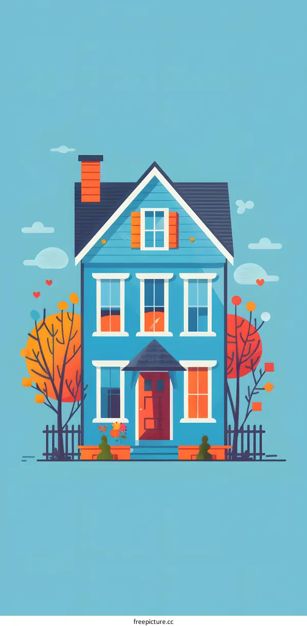 Blue House with Red Door and Orange Trees