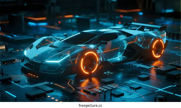 Futuristic Electric Supercar with Glowing Wheel Rims on Circuit Board