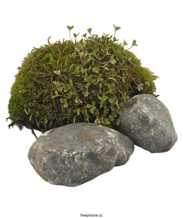 [Transparent Background PNG]Green Moss with Stones on a White Background